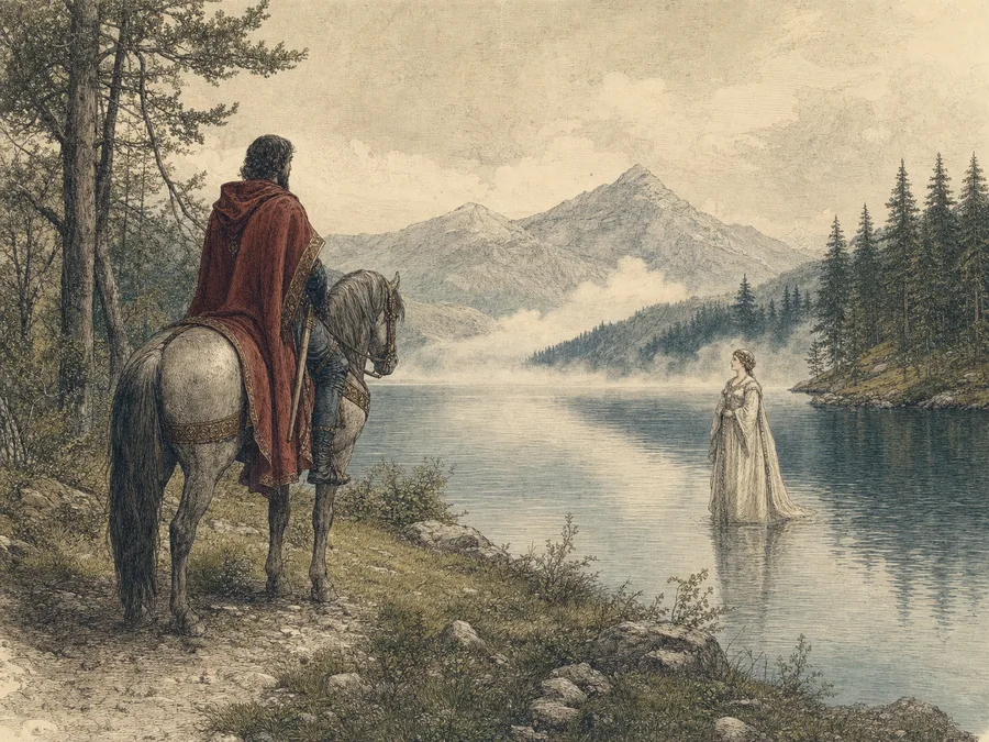 Illustration einer geheimnisvollen Begegnung am Waldsee